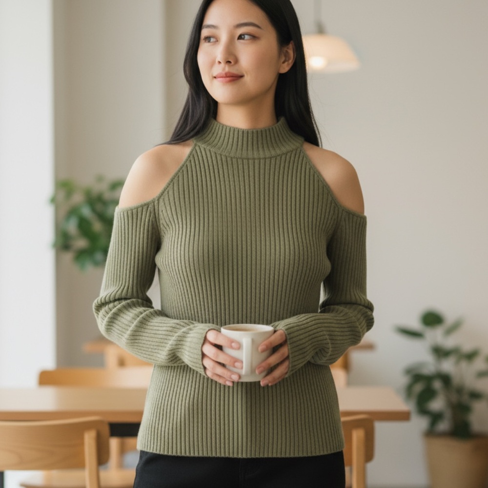 Thick Knitted Peek-A-Boo Shoulders Sweater Green'ish Brown size M Forever 21